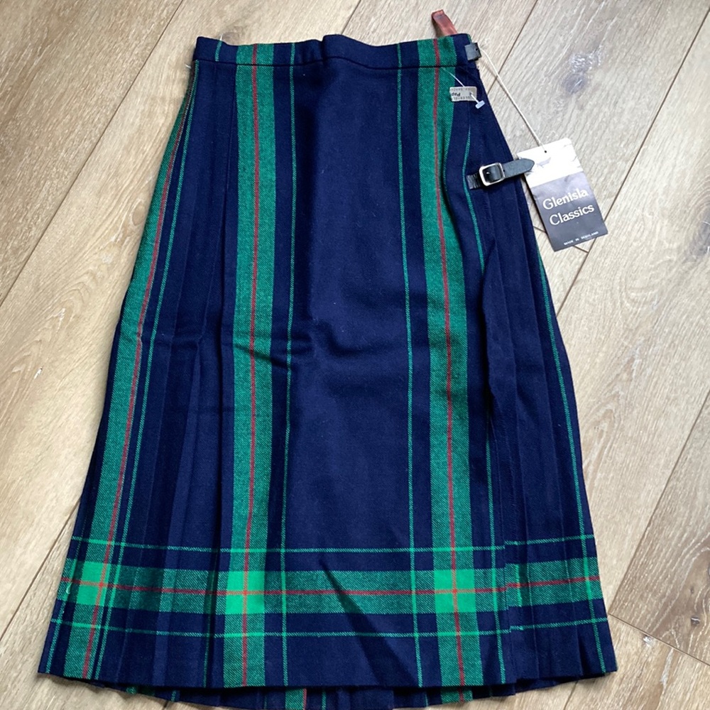 GLENISLA Scotland Wool Kilt Pleated Wrap Midi Skirt Plaid Buckle Size 8 …